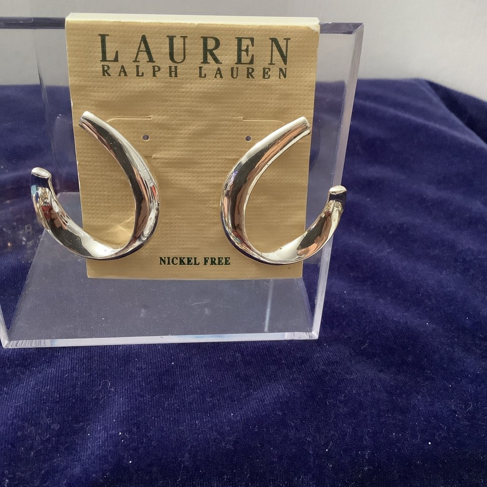 Ralph Lauren Silver Tone Hoop Earrings 1.25" Sculptural Twisted Post NOS